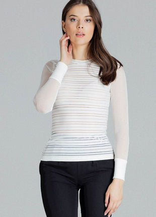 Fitted Striped Blouse with Long Mesh Cuffed Sleeves - MimiStylez