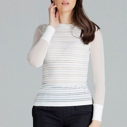 Fitted Striped Blouse with Long Mesh Cuffed Sleeves - MimiStylez
