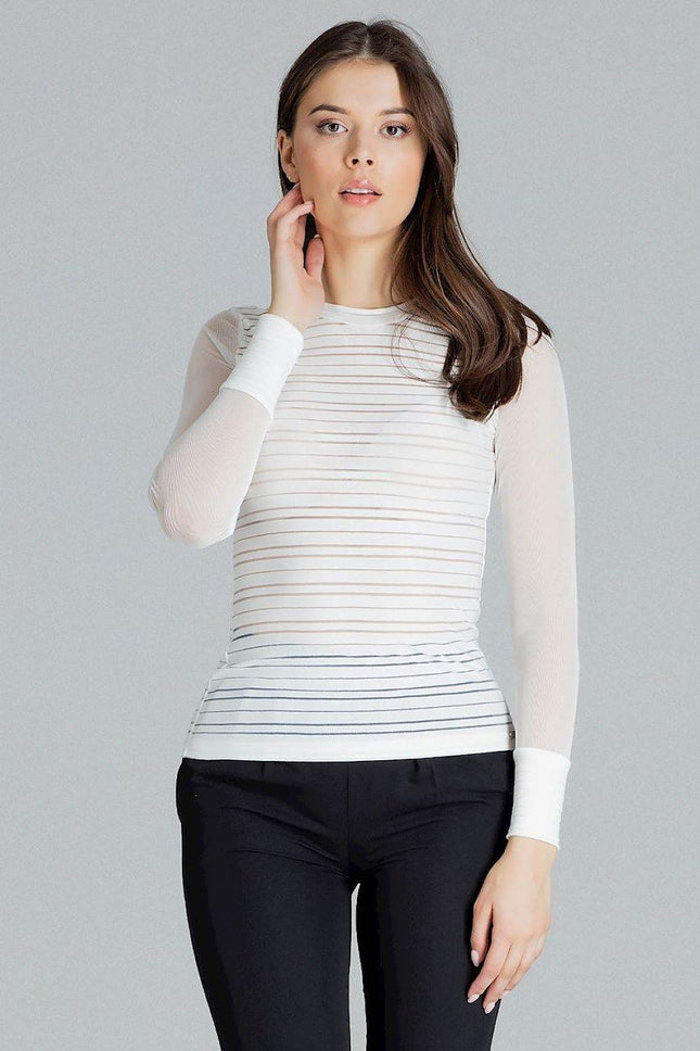 Fitted Striped Blouse with Long Mesh Cuffed Sleeves - MimiStylez