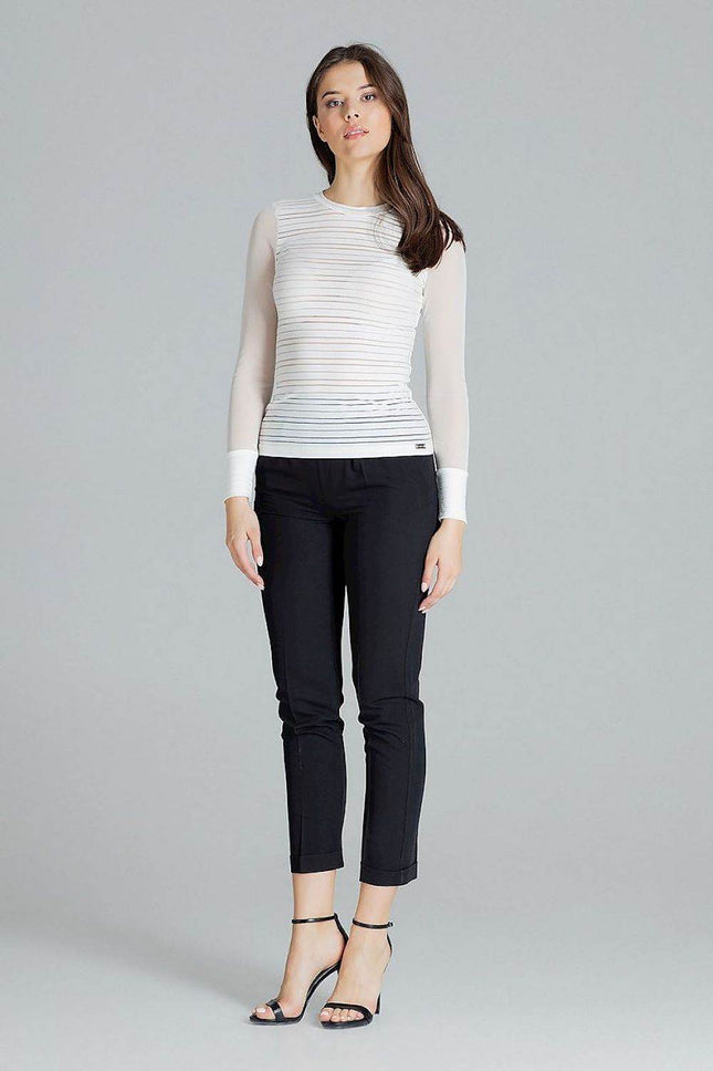 Fitted Striped Blouse with Long Mesh Cuffed Sleeves - MimiStylez