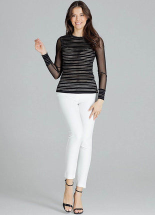 Fitted Striped Blouse with Long Mesh Cuffed Sleeves - MimiStylez