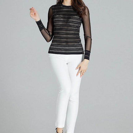 Fitted Striped Blouse with Long Mesh Cuffed Sleeves - MimiStylez