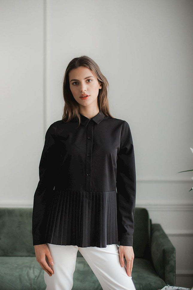Elegant Black Shirt – Cuffed Sleeves & Half Zip with Buttons - MimiStylez