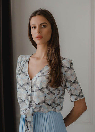 Patterned Short Shirt with Heart Neckline & Tie Front - MimiStylez