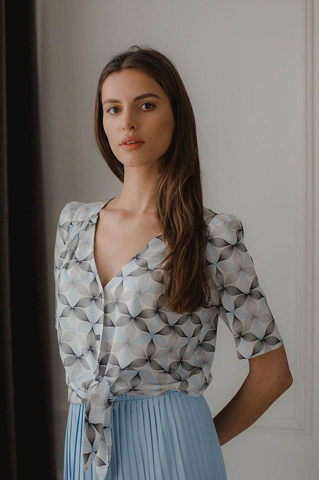Patterned Short Shirt with Heart Neckline & Tie Front - MimiStylez