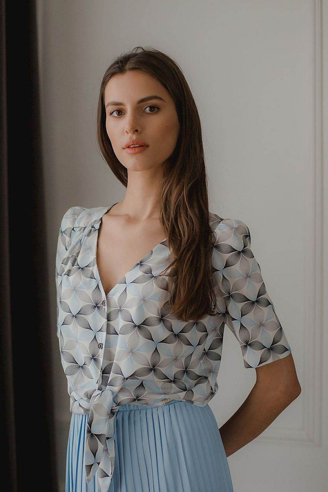 Patterned Short Shirt with Heart Neckline & Tie Front - MimiStylez