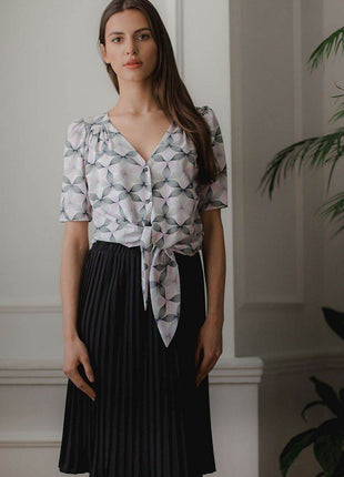 Patterned Short Shirt with Heart Neckline & Tie Front - MimiStylez