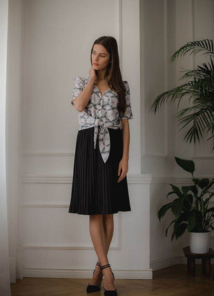 Patterned Short Shirt with Heart Neckline & Tie Front - MimiStylez