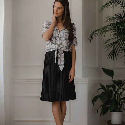 Patterned Short Shirt with Heart Neckline & Tie Front - MimiStylez