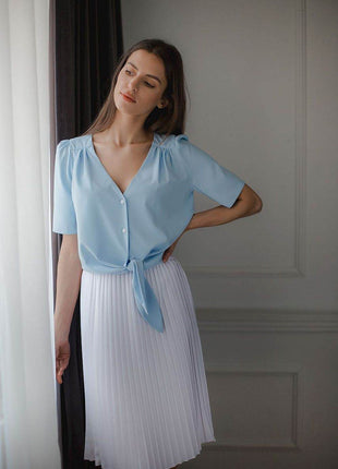 Patterned Short Shirt with Heart Neckline & Tie Front - MimiStylez