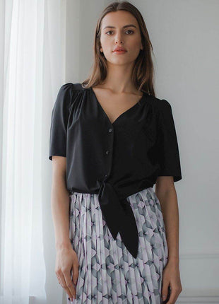 Patterned Short Shirt with Heart Neckline & Tie Front - MimiStylez