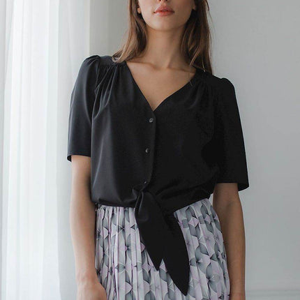Patterned Short Shirt with Heart Neckline & Tie Front - MimiStylez
