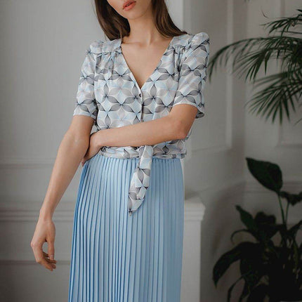 Pleated Patterned Midi Skirt with Elastic Waistband - MimiStylez