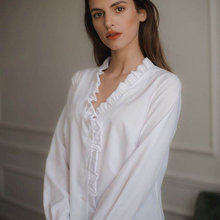 Elegant White Straight Shirt with Pleated Cuffs & Frill Detail - MimiStylez