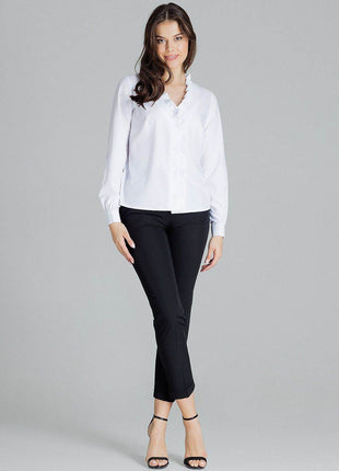 Elegant White Straight Shirt with Pleated Cuffs & Frill Detail - MimiStylez