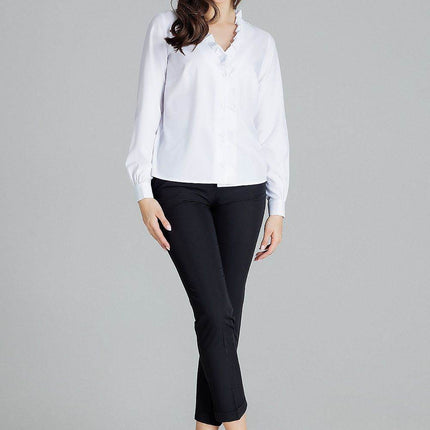 Elegant White Straight Shirt with Pleated Cuffs & Frill Detail - MimiStylez