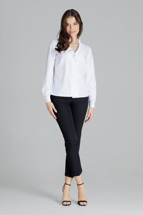 Elegant White Straight Shirt with Pleated Cuffs & Frill Detail - MimiStylez