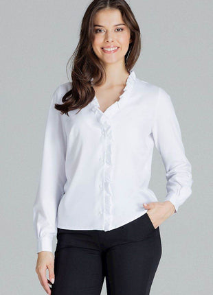 Elegant White Straight Shirt with Pleated Cuffs & Frill Detail - MimiStylez