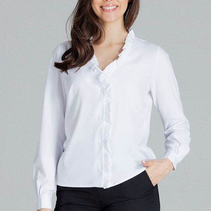 Elegant White Straight Shirt with Pleated Cuffs & Frill Detail - MimiStylez