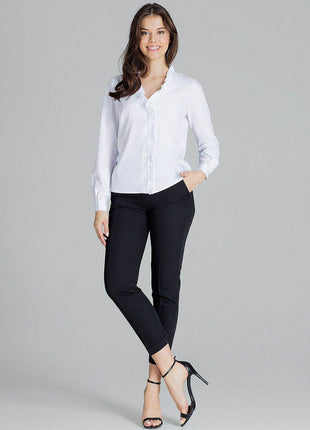Elegant White Straight Shirt with Pleated Cuffs & Frill Detail - MimiStylez