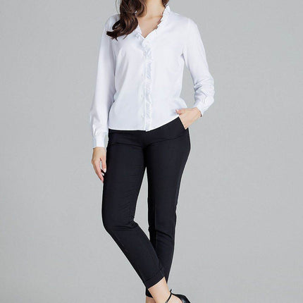 Elegant White Straight Shirt with Pleated Cuffs & Frill Detail - MimiStylez