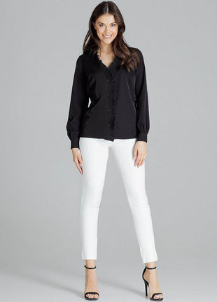 Elegant White Straight Shirt with Pleated Cuffs & Frill Detail - MimiStylez