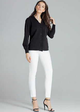 Elegant White Straight Shirt with Pleated Cuffs & Frill Detail - MimiStylez