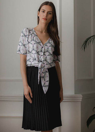 Patterned Short Shirt with Heart Neckline & Tie Front - MimiStylez