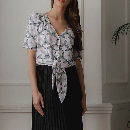 Patterned Short Shirt with Heart Neckline & Tie Front - MimiStylez