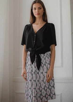 Patterned Short Shirt with Heart Neckline & Tie Front - MimiStylez