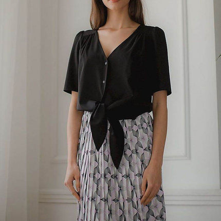 Patterned Short Shirt with Heart Neckline & Tie Front - MimiStylez