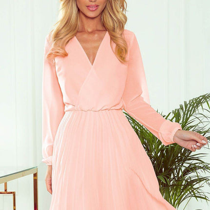Pleated Chiffon Dress with Neckline & Long Sleeves - MimiStylez