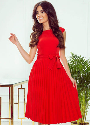 Pleated Midi Dress with Short Sleeves & Belt - MimiStylez