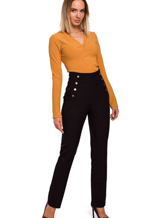 High-Waisted Slim-Fit Trousers with Decorative Press-Stud Pockets - MimiStylez