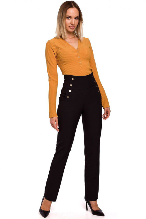 High-Waisted Slim-Fit Trousers with Decorative Press-Stud Pockets - MimiStylez