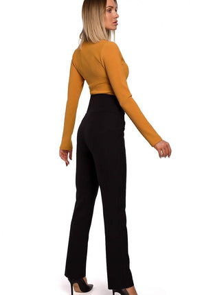 High-Waisted Slim-Fit Trousers with Decorative Press-Stud Pockets - MimiStylez