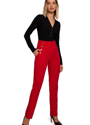 High-Waisted Slim-Fit Trousers with Decorative Press-Stud Pockets - MimiStylez