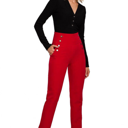 High-Waisted Slim-Fit Trousers with Decorative Press-Stud Pockets - MimiStylez