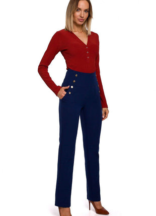 High-Waisted Slim-Fit Trousers with Decorative Press-Stud Pockets - MimiStylez