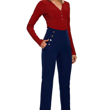 High-Waisted Slim-Fit Trousers with Decorative Press-Stud Pockets - MimiStylez