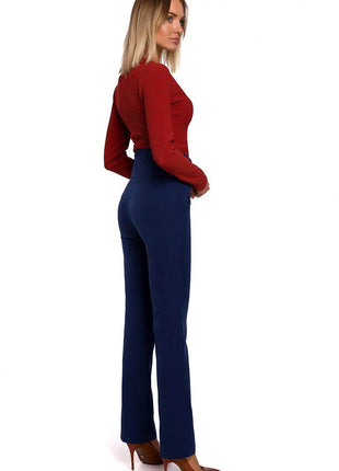 High-Waisted Slim-Fit Trousers with Decorative Press-Stud Pockets - MimiStylez