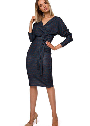 Printed Knit Wrap Dress with Belted Waist and Fitted Skirt - MimiStylez