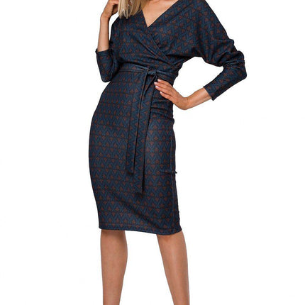 Printed Knit Wrap Dress with Belted Waist and Fitted Skirt - MimiStylez