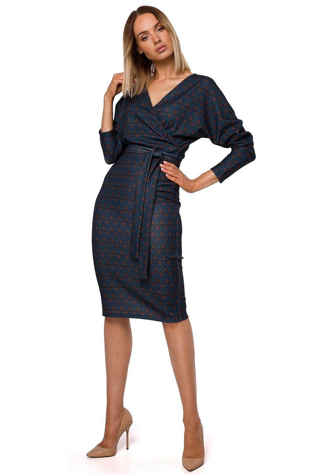Printed Knit Wrap Dress with Belted Waist and Fitted Skirt - MimiStylez