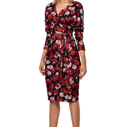 Printed Knit Wrap Dress with Belted Waist and Fitted Skirt - MimiStylez