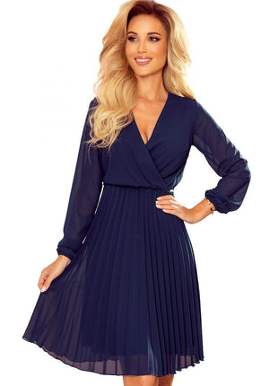 Pleated Chiffon Dress with Neckline & Long Sleeves - MimiStylez