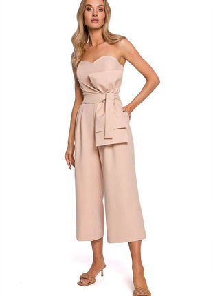 Corset Suit with Draped Bow, Waist Tie & Wide 7/8 Legs - MimiStylez