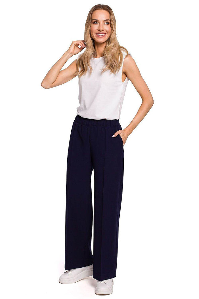 Wide-Leg Pleated Trousers with Elastic Waistband - MimiStylez