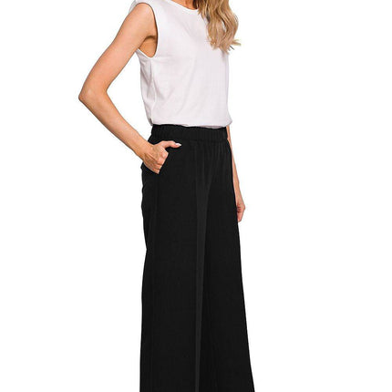 Wide-Leg Pleated Trousers with Elastic Waistband - MimiStylez