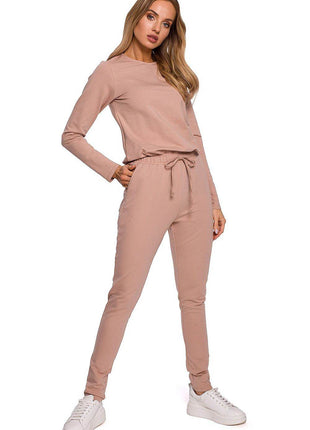 Fitted Knit Cotton Jumpsuit with Long Sleeves, Elastic Waistband - MimiStylez